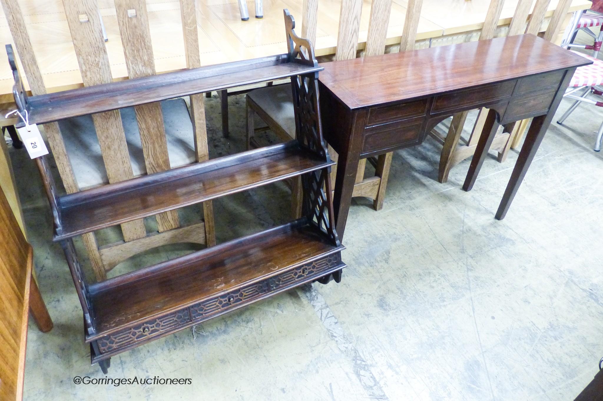 A George III style mahogany wall shelf, width 74cm, height 93cm together with a mahogany side table